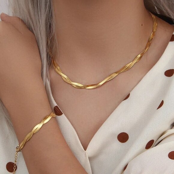 Jewelry - 18K Gold Plated Waterproof Braided New Herringbone Chain Necklace Bracelets Set